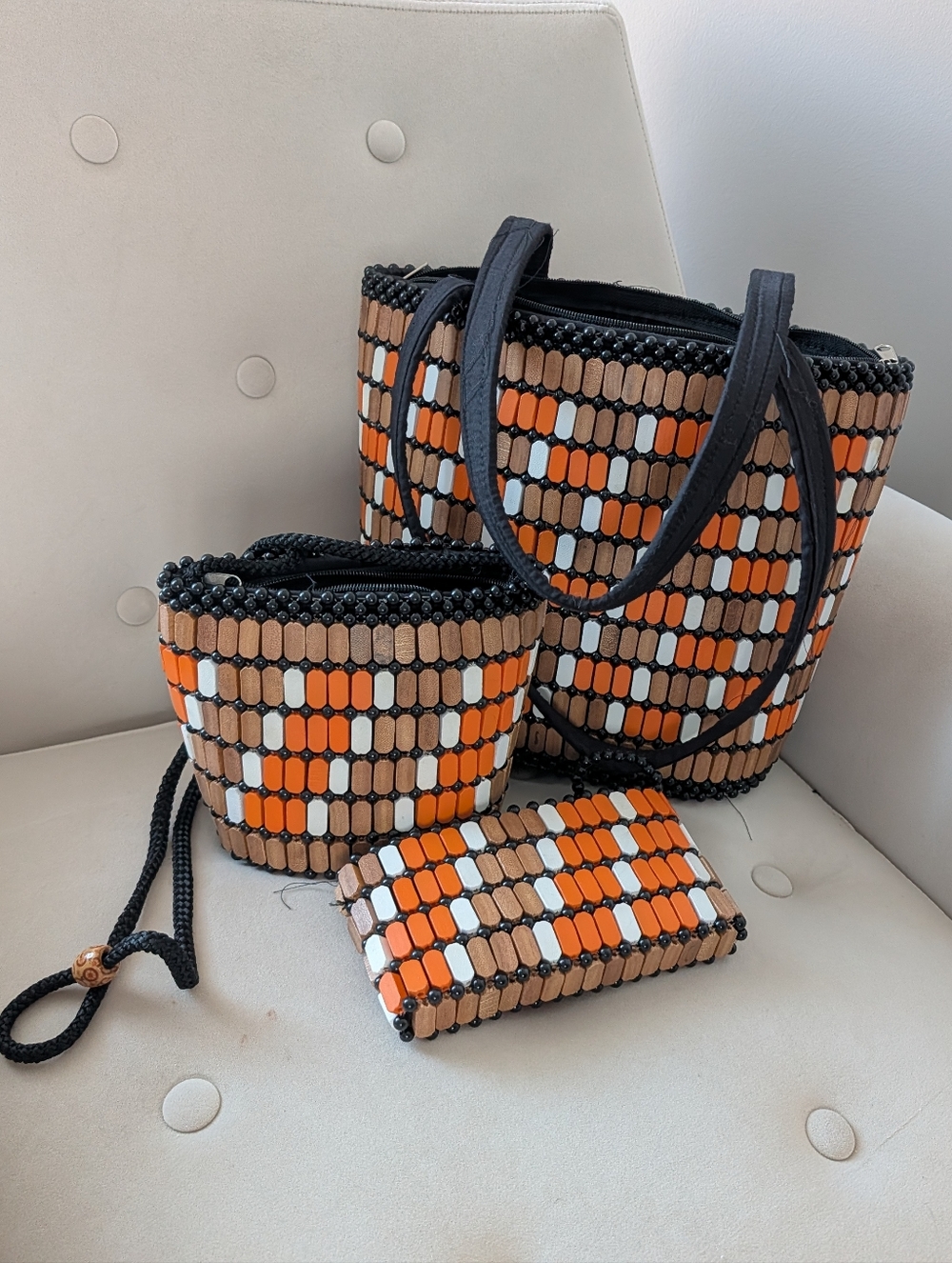 African Beaded Tote Set in Orange, Brown & White